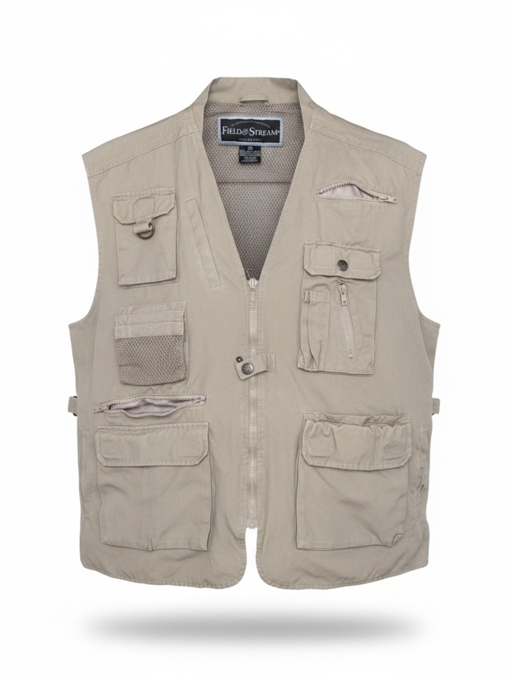 Field & Stream Fishing Vest XXL Khaki Cotton Mesh Utility Cargo Multi Pocket Zip